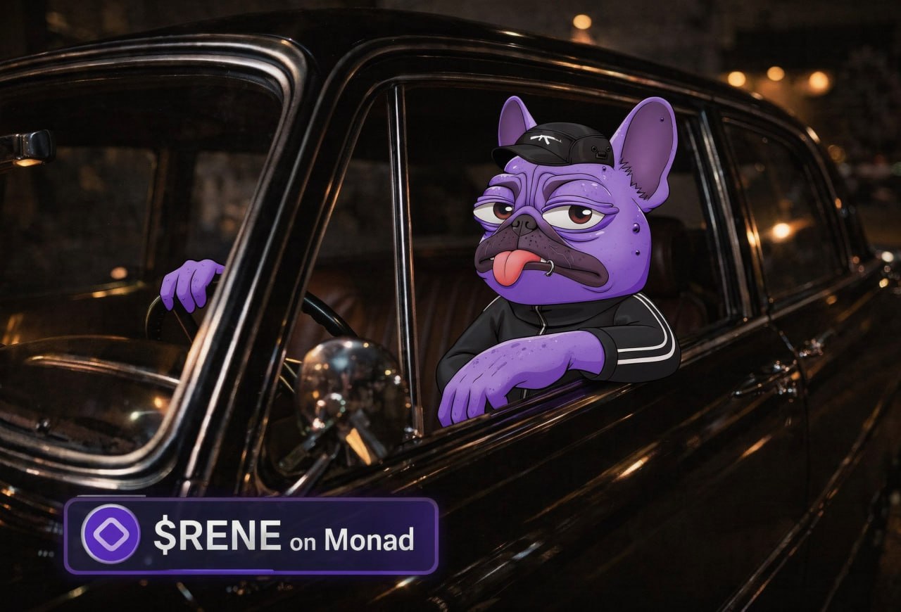 René leaning out of black car with $RENE on Monad badge