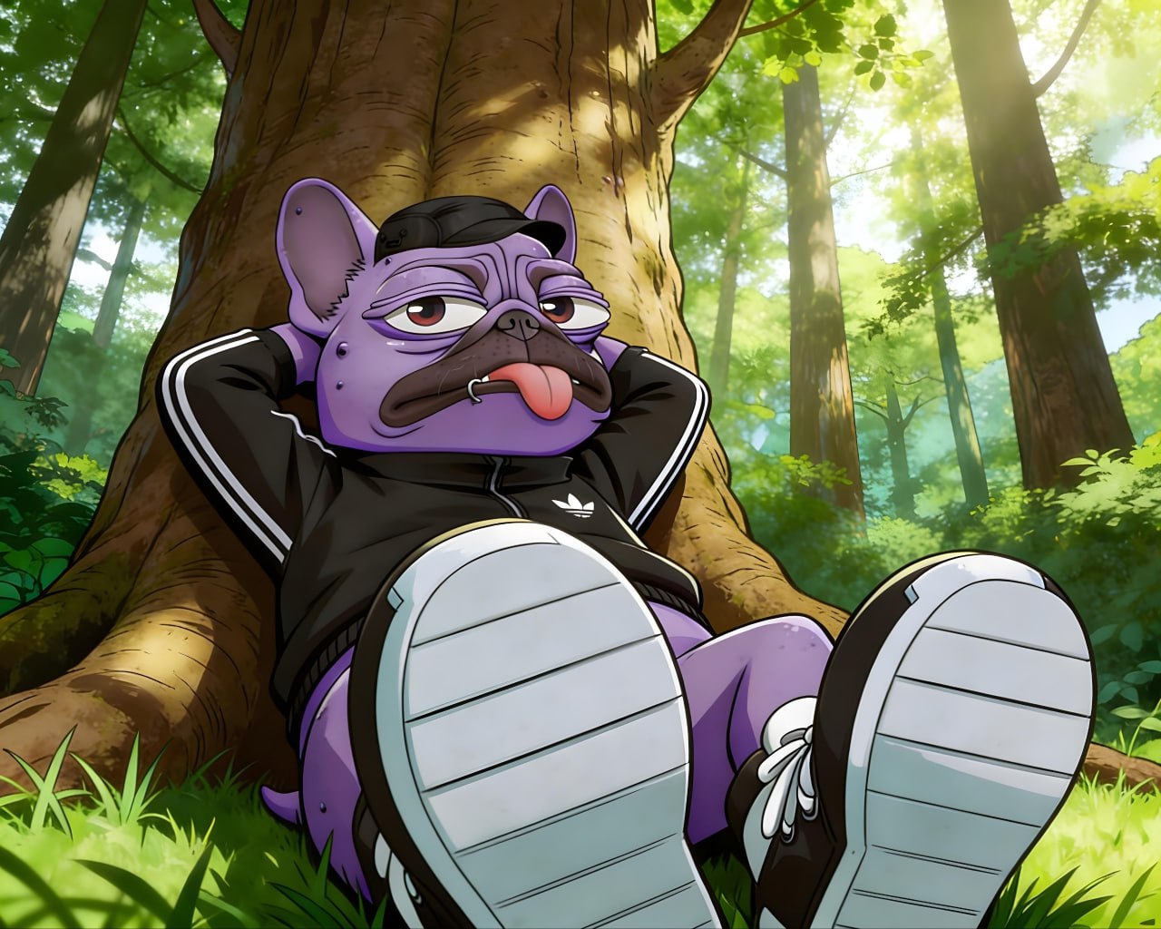 Cartoon René chilling solo under tree with shoes toward camera