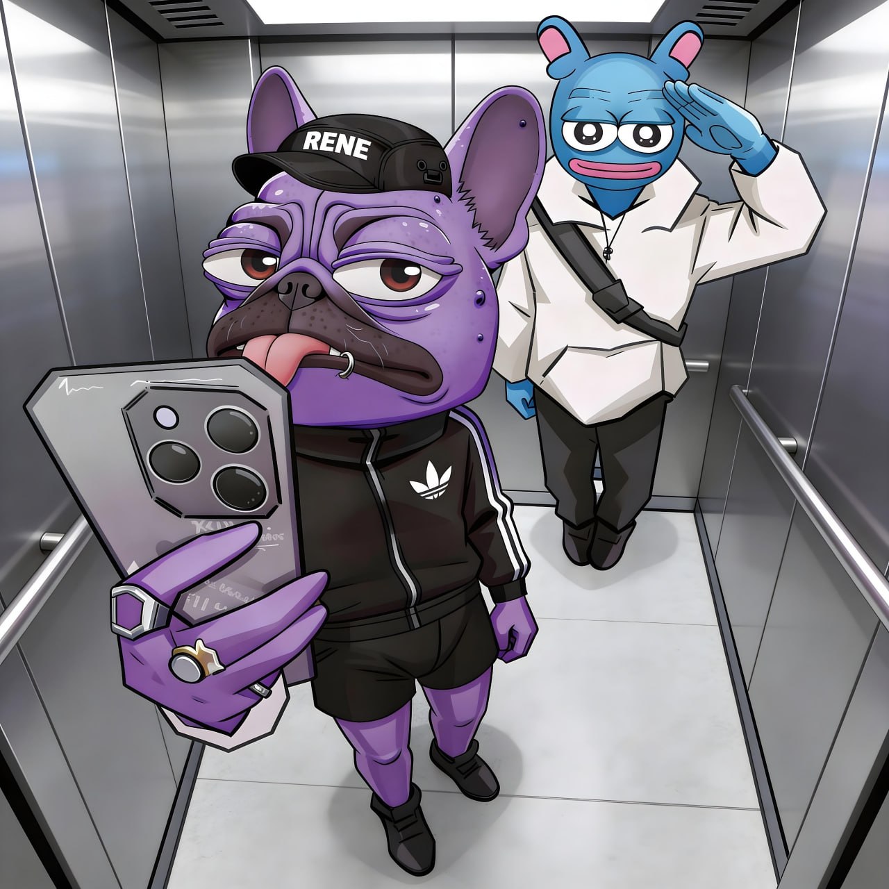 René taking elevator selfie with blue Pepe