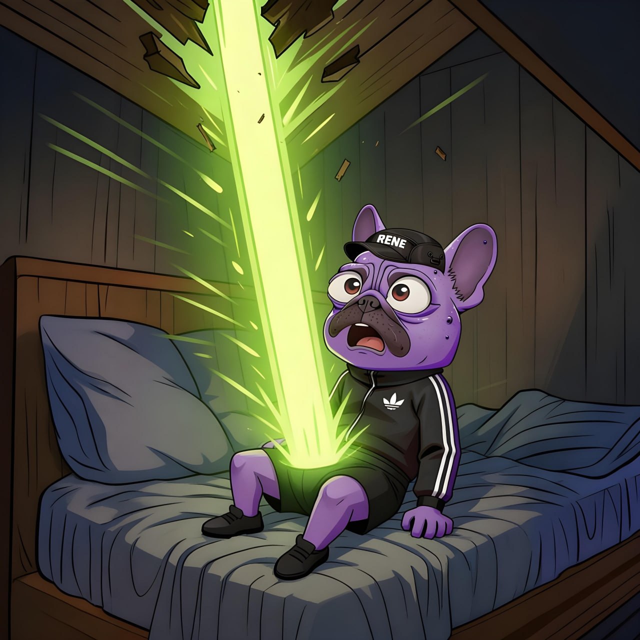 René in bed hit by green light beam through the roof