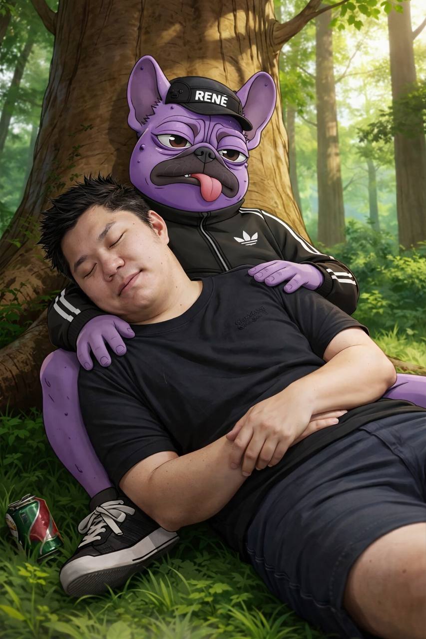 Cartoon René napping against tree in forest with Keone