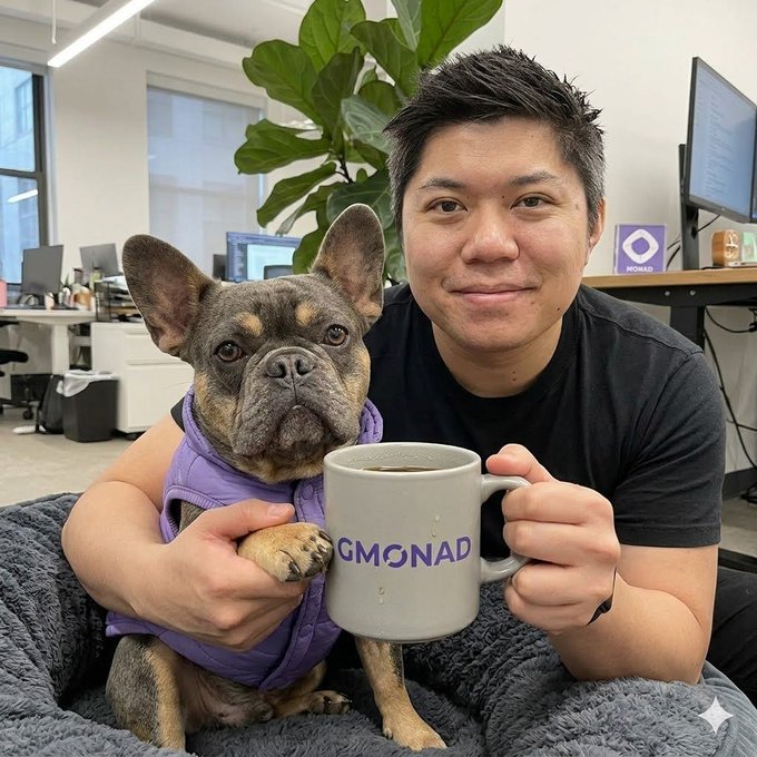 René sitting up praying next to Monad Doggie Treats jar